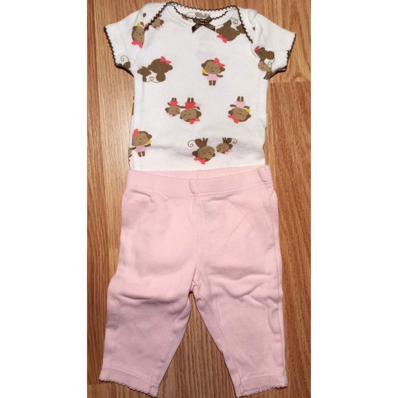 Girl's Size NB Newborn Two Piece Carter's White/ Brown Monkey Top & Pink Pants - Picture 2 of 5